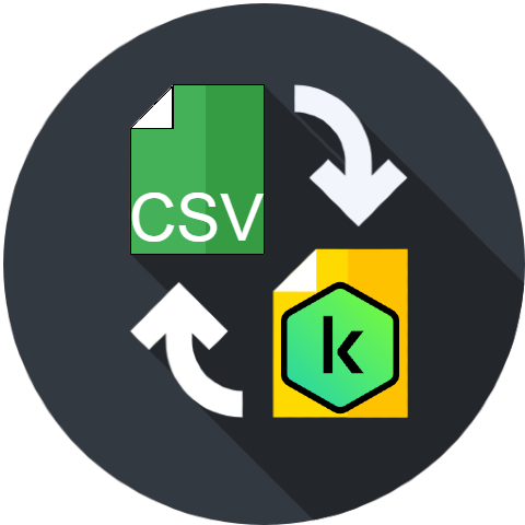 kpm 2 csv converter icon that shows two documents, one having kaspersky logo on it and the other having CVS text on it, are connected with arrows